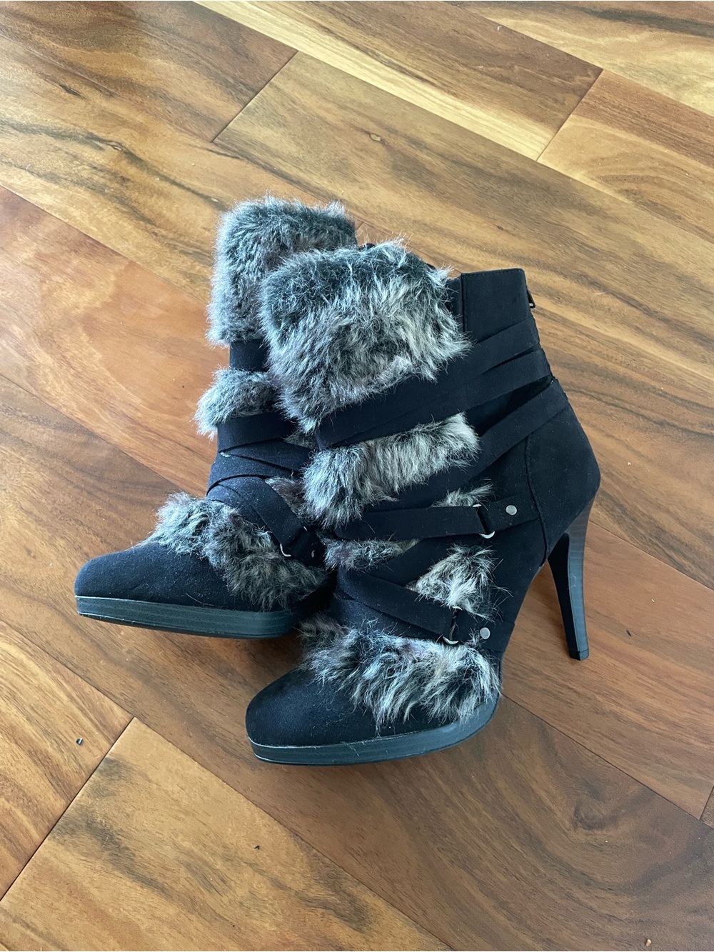 (Free with Bundle) Material Girl Black Faux Fur High-Heel Ankle Boots